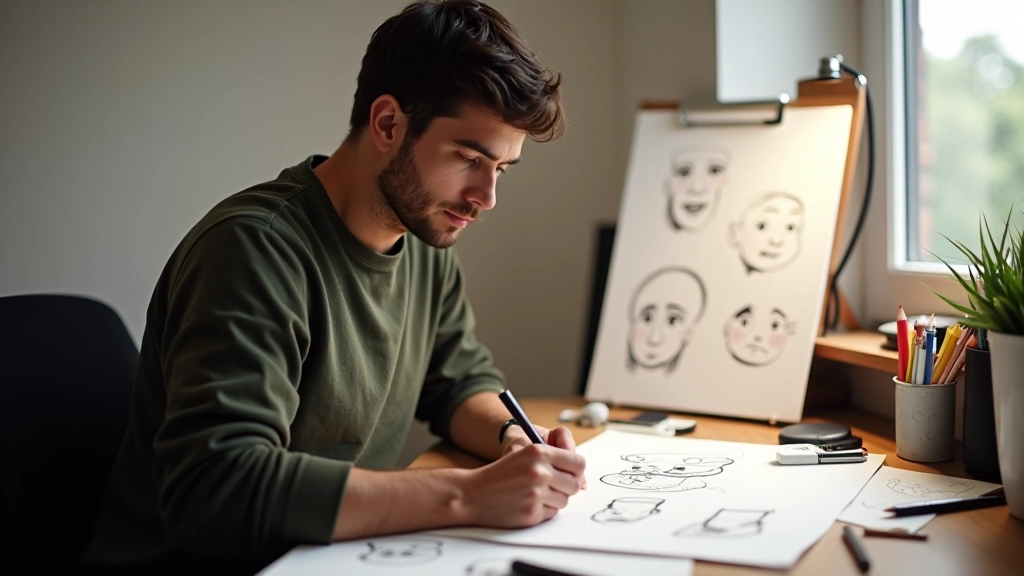 Detalhe de rosto de personagem com diferentes expressões emocionais, estudos de animação facial