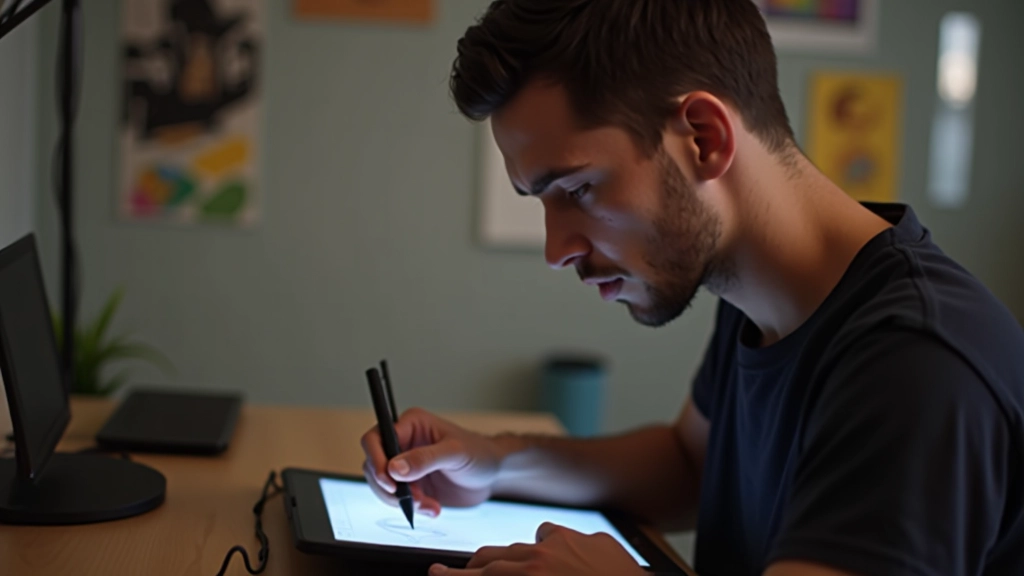Animador criativo trabalhando em tablet com stylus, espaço de trabalho bem organizado, referências visuais ao fundo, concentração total