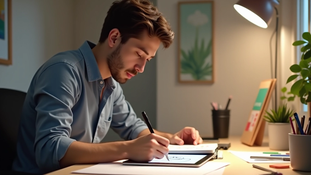 Ilustrador desenhando personagem em tablet com stylus, espaço de trabalho criativo com referências visuais
